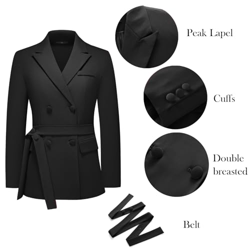 Lamgool Women Double Breasted Suit with Belt Business Casual 2 Pcs Blazer Jacket with Pants Set2