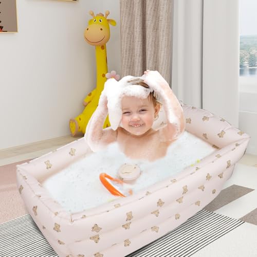 Image of AirSwim Inflatable Baby Bathtub with Built-in Air Pump, Portable Bathtub for Babies 0-5 Years Old, Small Ball Pool, Foldable Bath Tub for Travel, 30.7 x 14.6 Inch (Bear Head)