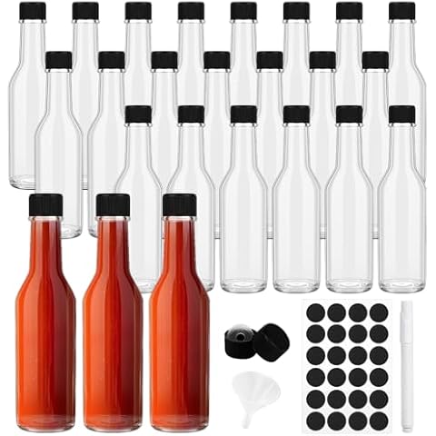 Liengoron 24PCS Hot Sauce Bottles 5 OZ Empty Wine Bottles 150 ML Mini Liquor Bottles Glass Woozy Bottle with Plastic Screw Caps Clear Small Wine Bottles with Dripper Insert for Hot Sauce Juice Oil Cover