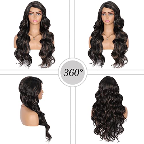 Kalyss 28 Inches Black Brown Highlights Yaki Synthetic Hair Wigs For Women Long Body Wavy Curly Wigs L Parting Natural Looking Heat Resistant Replacement Wigs #TOP5