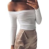 Gobought Womens Slim Off Shoulder Long Sleeve Rib-Knit Crop Pullover Tops (S, White)