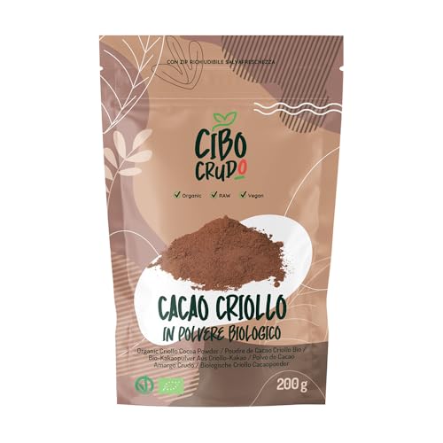 Cacao Amaro in Polvere - 200g. Cacao Criollo in Polvere Biologico Naturale e Puro Lavorato a Basse Temperature, Ricco di Antiossidanti Magnesio Ferro Vitamina B1 e B2.