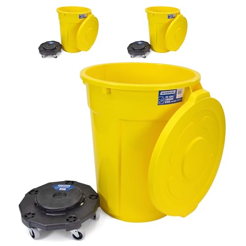 Magnum Yellow 55 Gallon Trash Can Set (Trash Can, Quiet Dolly, and Reinforced Lid), Construction Grade, Jobsite Ready, Non-Marking Wheels & Casters for Rolling Garbage CMTC-CLD0-55Y03 (3 Set)