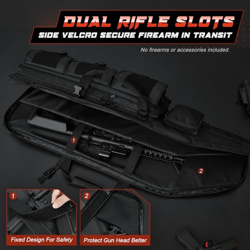 DULCE DOM Double Rifle Case 48\'\' Soft Gun Bag Tactical Backpack with Movable Divider for Hunting Shooting Range, MOLLE System Multiple Magazine Pouches & Accessory Bags (BLACK)