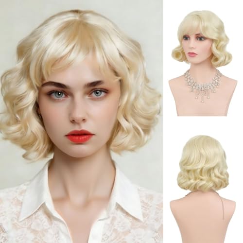 Amnenl Blonde Curly Short Wigs for Women 1950s Wig with Bangs Synthetic Fiber Hair Wig for 60s Rtero Party Halloween Daily Use