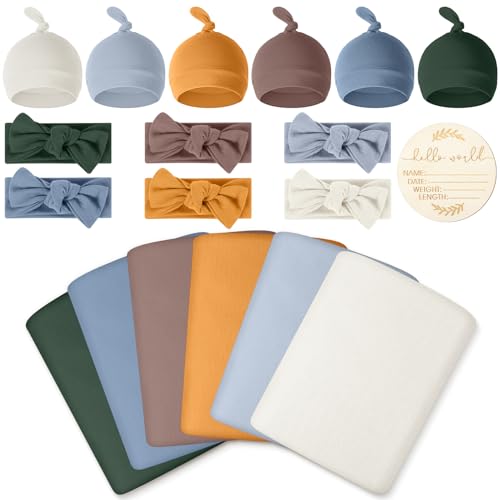 Image of ramede 19 Pcs Baby Newborn Receiving Blankets with Headband Beanie Set 31.5 x 31.5 Inch Stretch Swaddle Nursery Swaddling Wrap Blanket Christmas Baby Gift for Newborn Infant Toddler(Boys Color)