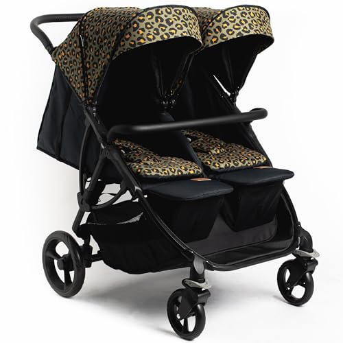 Image of Roma Gemini 2 - Twin Pram, 69cm Wide, fits Through Single Doors. Double Buggy, 22 kg Per Seat, Includes Rain Cover, Recline & Storage, Award Winning, Suitable for Newborns to Toddlers (Khaki Leopard)