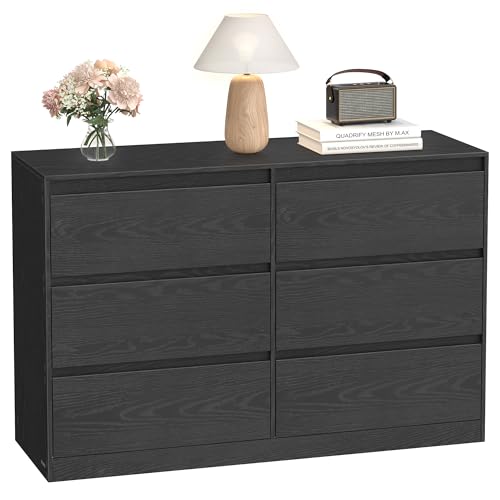 VASAGLE Kailyn Collection - Commode Chambre 6 Tiroirs, Armoire de Rangement, Meuble à Vêtements, 40 x 119,4 x 75 cm, Style Moderne, Noir Boisé LTS616B01