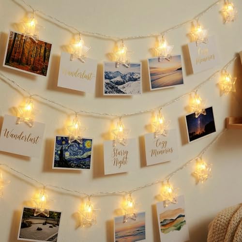 20 Photo String with Clips for Hanging Pictures,9.85Ft Valentine's Day Clear Photo Clip Lights for Wall Bedroom Wedding Birthday Party Home Decorations (Star-USB)