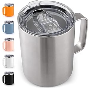 Zulay 12 oz Insulated Coffee Mug with Lid – Stainless Steel Camping Mug Tumbler with Handle – Double Wall Vacuum Duracoated Insulated Mug For Travel, Camping, Office, Outdoor (Silver)