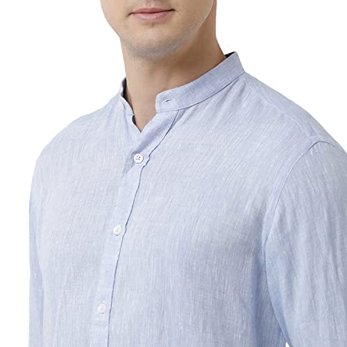 Image of Linen Club Men's Pure Linen Blue Chambray Slim Fit Full Sleeve Casual Shirt