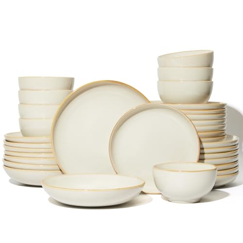 Image of Pokini 32 Piece Double Bowl Dinnerware Sets with Pasta Bowls, Highly Chip and Crack Resistant Plates and Bowls Sets, Natural Earthyware Ceramic Dishware Sets, Service for 8 Yellow White