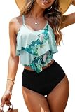 Womens High Waisted Bathing Suits Flounce Halter Tankini Top Bikini Bottoms Tummy Control Modest Swimwear Two Piece Swimsuits Green Gold XL
