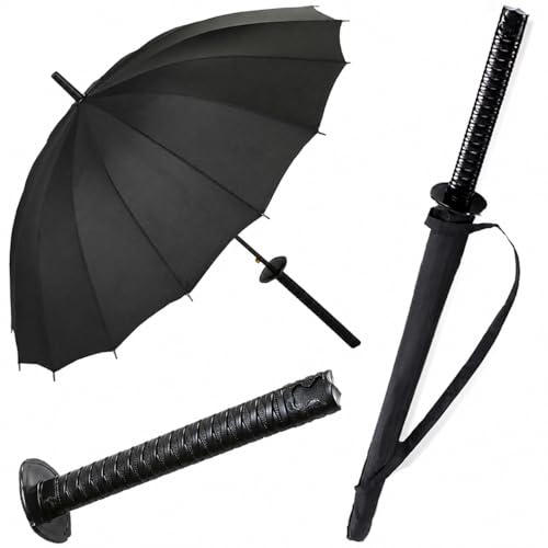 Image of Lightweight Japanese Samurai Long Handle Automatic Compact Umbrella - Windproof and Rainproof for Travel - Black