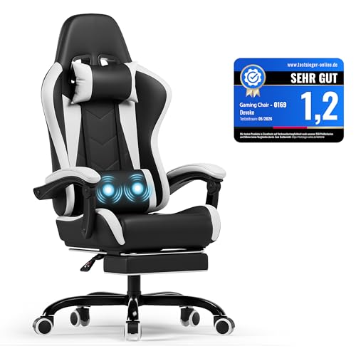 Devoko Silla Gaming Con Masajeador, Silla Oficina Con Reposapiés, Silla Juego De Carreras Con Una Carga De 150 Kg, Respaldo Ajustable Alto Silla Ergonomica De Juegos Reclinable 90-135 Blanco