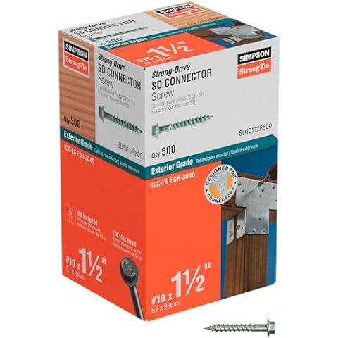 Simpson Strong-Tie SD10112R500 - #10 x 1-1/2 Inch Strong Drive SD Connector Screws - 1/4 Inch Hex Head, Galvanized Coating, Hex Bit Included, for Construction, Home Improvement (Box of 500) Cover