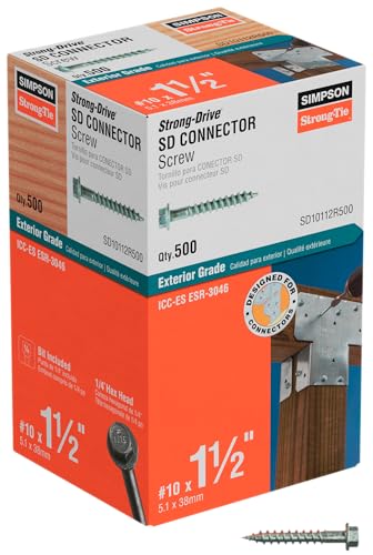 Simpson Strong-Tie SD10112R500 - #10 x 1-1/2 Inch Strong Drive SD Connector Screws - 1/4 Inch Hex Head, Galvanized Coating, Hex Bit Included, for Construction, Home Improvement (Box of 500)