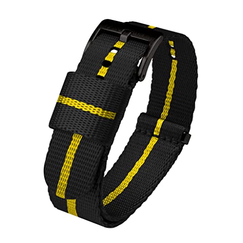 Image of BARTON WATCH BANDS, 22mm Black /Yellow Stripe - Elite NATO Style Watch Strap - Black Buckle - Seat Belt Nylon Watch Bands