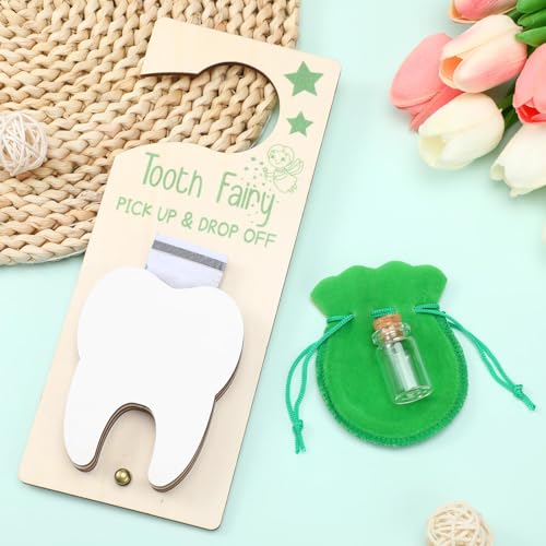 Image of DoubleFill Fairy Tooth Gift Holder Bag Door Hanger Lost Teeth Keepsake Box Tooth Fairy Kit Stores Back to School Gift for Lost Teeth Boy Girl Primary School Classroom Gifts(Classic,Green)