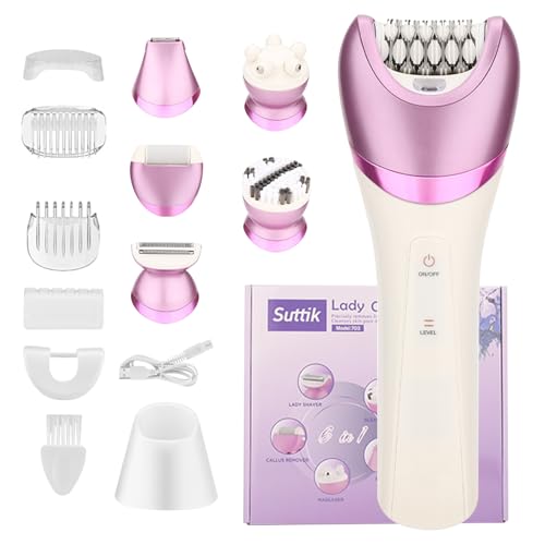 Afeitadora eléctrica para mujer, 6 en 1, color morado, con base, recargable por USB, IPX7, resistente al agua, para vello púbico, cuerpo y rostro, afeitado suave e indoloro para uso en seco y húmedo.