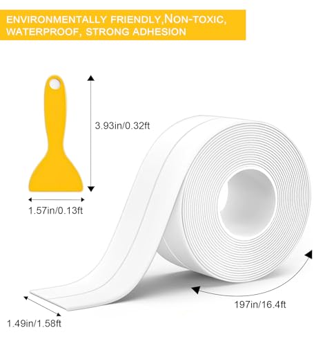 White Caulk Tape Self Adhesive, Waterproof Toilet Caulk Sealant Tape, Shower Seal Strip for Kitchen, Countertop, Bathroom, Bathtub, Sink, Toilet Edge Protector with Sealing Tool (1.5\"x16.4Ft)