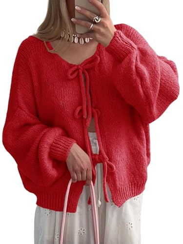 UNCLECAT Womens Bow Tie Front Cardigan Sweaters Oversized Fall Open Front Cardigans Cute Loose Knit Tops Red