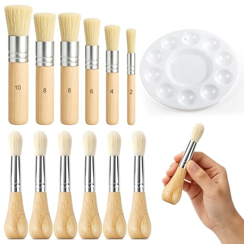Tyafzzn 12 Stück Rund Schablonierpinsel Set mit Runde Mischpalette, Rund Naturborsten Malpinsel aus Hochwertige Holz, Pinsel Wasserfarben Kinder für Acryl Öl Aquarell Malerei Kreide DIY-Handwerk