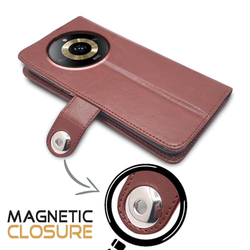 Image of Pikkme Realme Narzo 60 5G Flip Cover Leather Finish | Inside TPU with Card Pockets | Wallet Stand and Shock Proof | Complete Protection Button Flip Case (Brown)