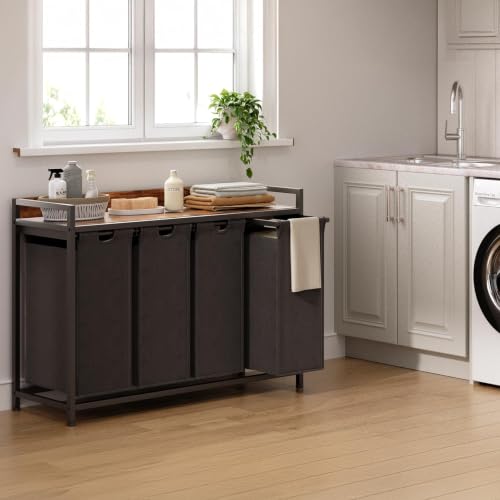 Herture Laundry Hamper with Shelf, Laundry Basket 4 Section, Laundry Sorter with Pull-Out Removable Large Bags and Movable Wheels, Metal Frame, 4 x 15.87 Gallons (60L), Rustic Brown + Black PF07XLY by Herture - Used condition - Image 5