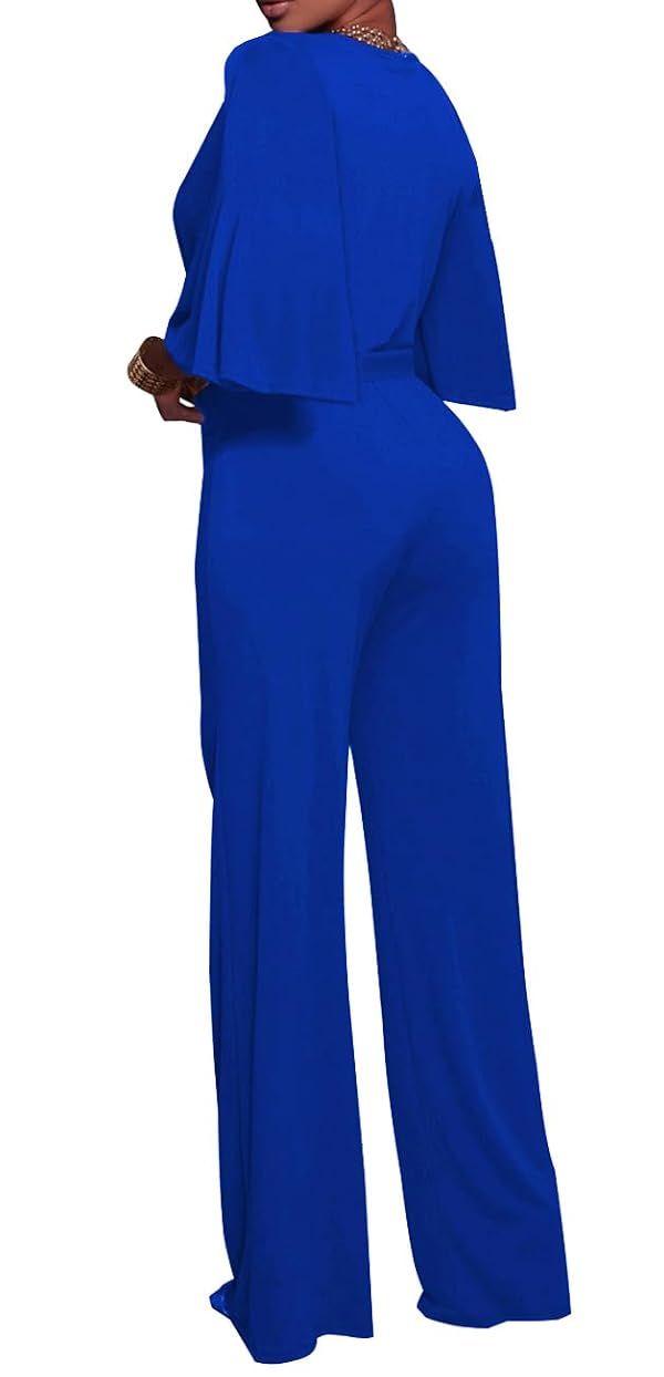 BessCops Royal Blue Women Casual Loose Short Sleeve Belted Wide Leg Pant Romper Jumpsuits by BessCops - Used condition - US$28.12