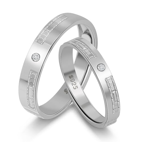 Meissa Anillo de Compromiso Boda Alianzas de Plata de Ley 925 para Pareja Anillos Ajustables con Circonita Mujer 3mm & Hombre 4mm Juego Nupcial Regalo, Juego de dos anillos