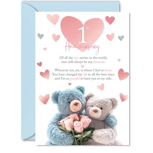 Tarjeta de primer aniversario para mujeres y hombres, rosas de oso de peluche, tarjeta de feliz aniversario de 1 año para novia, esposa, compañero, novio, tarjetas de felicitación A5 para aniversarios