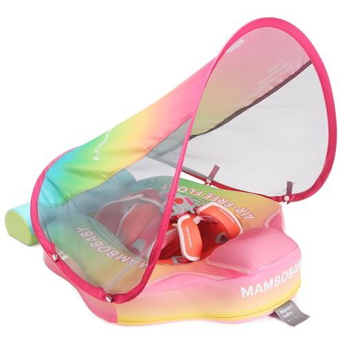 Image of AnjeeIOT Mambobaby Float with Canopy Baby Float Non-Inflatable Baby Pool Float Solid Swimming Float Upgraded Add Tail Never Flip Over for Infant 3-24 Months, Rainbow Pink