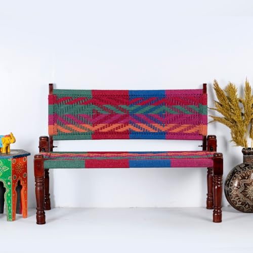 Image of Srima Wooden Bench for Living Room | Handcrafted Sheesham Wood Backrest Bench for Balcony & Garden | Traditional Rajasthani Patio for Outdoor with Cotton Handwoven Rope | Colorful 4