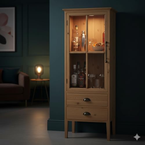 ROCKING GIFTS Vitrina de Madera Marrón con Puerta de Cristal y 2 Cajones, 138x48x37cm, Mueble Decorativo Expositor Rústico - imagen 8