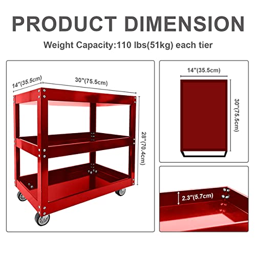 Lfgud 3-Tier Utility Cart, Commercial 3 Shelves Steel Service Tool Cart With Wheels, Heavy Duty Rolling Mechanic Tub Storage Cart For Warehouse Office Garage, 330Lbs Load Capacity, Red #TOP2