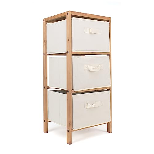 THE SECRET HOME - Mueble Auxiliar de Madera - Cajonera de 3 Cajones en Madera y Tela – Color Marrón y Beige - Mueble Organizador para Baño, Cocina, Salón, Dormitorio