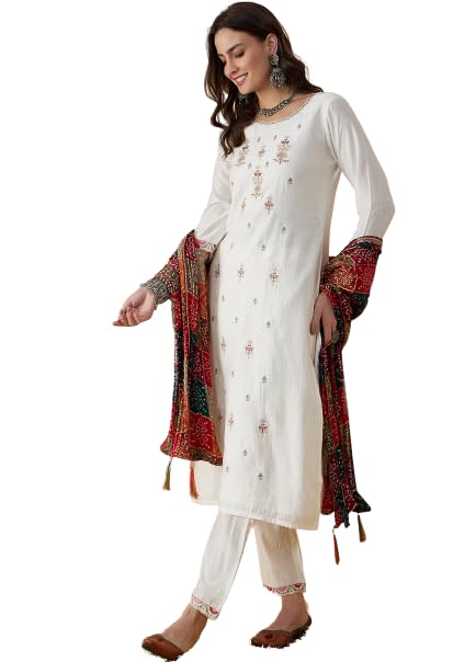 SheWillWomen's White Silk Blend Cording Sequence Embroidered Kurta Pant With Bandhej Printed Dupatta|salwar suit set with dupatta women readymade salwar suit ladies suit