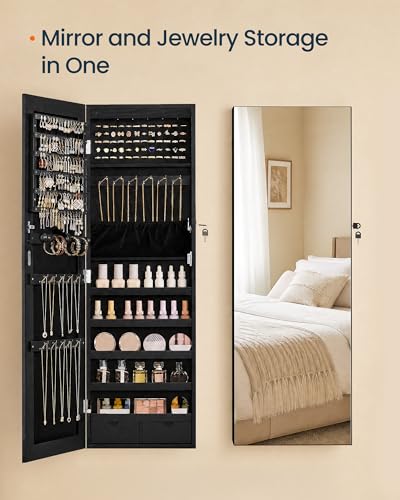 Image of SONGMICS HOME Mirror Jewelry Cabinet, Lockable Hanging Jewelry Organizer with Full-Length Mirror, Door or Wall Mounted Storage Cabinet, Interior LED Lights, Black