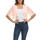 PEIQI Women's Chiffon Sheer Shrug Open Front Pleated Flowy Half Sleeve Cropped Bolero Cardigan Apric