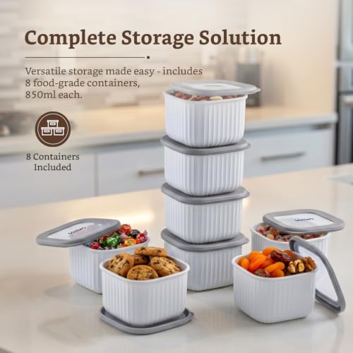 Image of Amazon Basic Plastic Elegant Square Storage Containers Food Grade Set of 8 (850ml Each) | Microwave, Freezer, Dishwasher & Refrigerator Safe, Stackable Kitchen Containers (Grey)