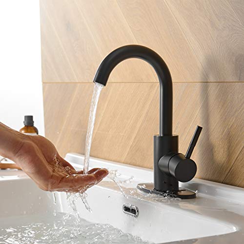 Hoimpro Modern Single Handle Wet Bar Sink Faucet With 6 Inch Cover Plate,Single Hole Bathroom Faucet,Rv Small Bathroom Sink Faucet,Bar Vanity Faucet With 360 Rotate Spout,Stainless Steel/Matte Black #TOP4