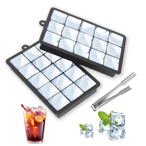2 Stück Silikon Eiswürfelformen, Quadratische Eiswürfel mit Deckel, 15 Fächern Eiswürfelbehälter BPA Frei mit 1 Eis-Clip...
