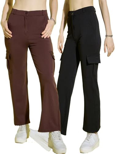 Image of DIMPY GARMENTS Full Length Straight Fit Solid Cargo Pants | Women Casual Pant Combo-Pack of 2