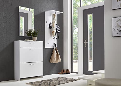 BMG Möbel Garderoben-Set Schuhkipper Mailand inkl. Spiegel, Wandpaneel mit hochwertigen Metallhaken, Fronten mit Metallgriffen in Hochglanz Weiß lackiert