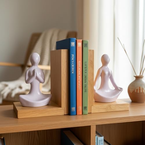 Image of eCraftIndia Wooden Book End and Yoga Lady Statues Decorative Showpiece for Home Decor in Living Room Office
