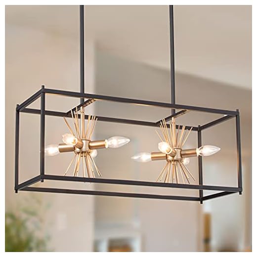 PHOSANT LIGHTING Black Gold Chandelier, 8-Light Linear Island Lights for Kitchen, 26" Modern Farmhouse Chandelier for Dining Room with Sputnik Spikes
