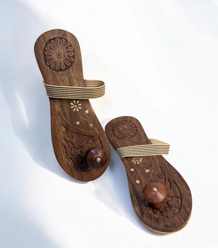 Image of Khadau Chappal for Men | Wooden Charan Paduka for Puja, Wearable Wooden Chappal Eco-Friendly (Rosewood) (9UK, Strap-WEAR)