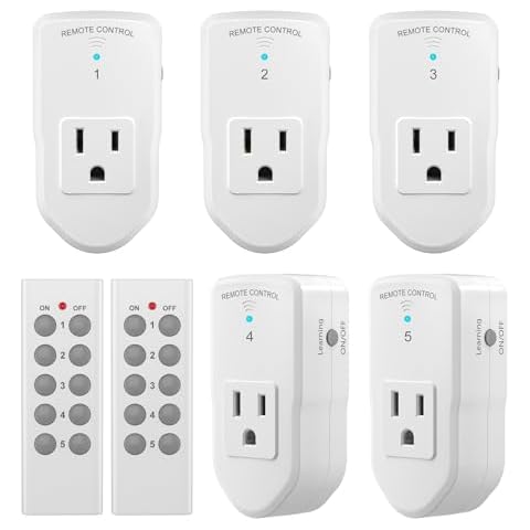 BN-LINK Wireless Remote Control Outlet Electrical Switch for Lights, Fans, Christmas Lights, Small Appliance, 100ft Long Range White (Learning Code, 5Rx-2Tx) 1200W/10A, ETL & FCC Certified Cover