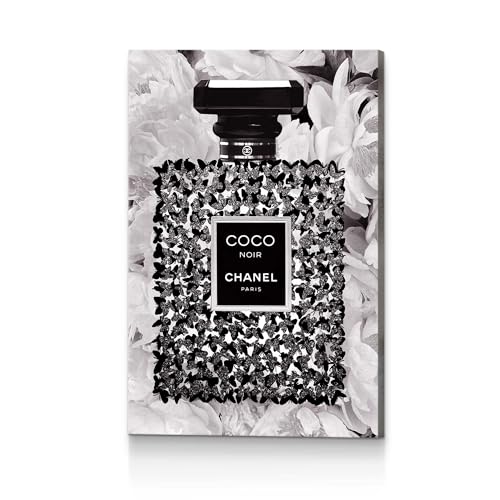 Image of HILL WEST Modern Fashion Canvas Wall Art - Black White Perfume Bottle Picture Prints Glam Butterfly Floral Painting Artwork for Girls Makeup Room Bedroom